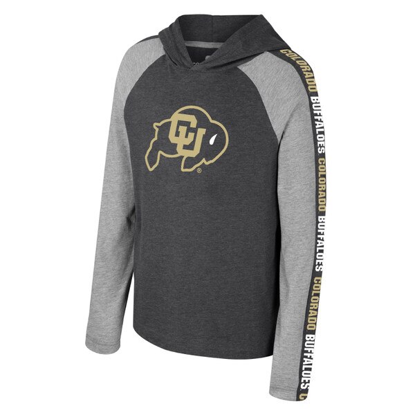 A black gray Colosseum youth hooded long sleeve t-shirt with C.U buffalo logo, "COLORADO BUFFALOES" down each each contrasted colored sleeve.